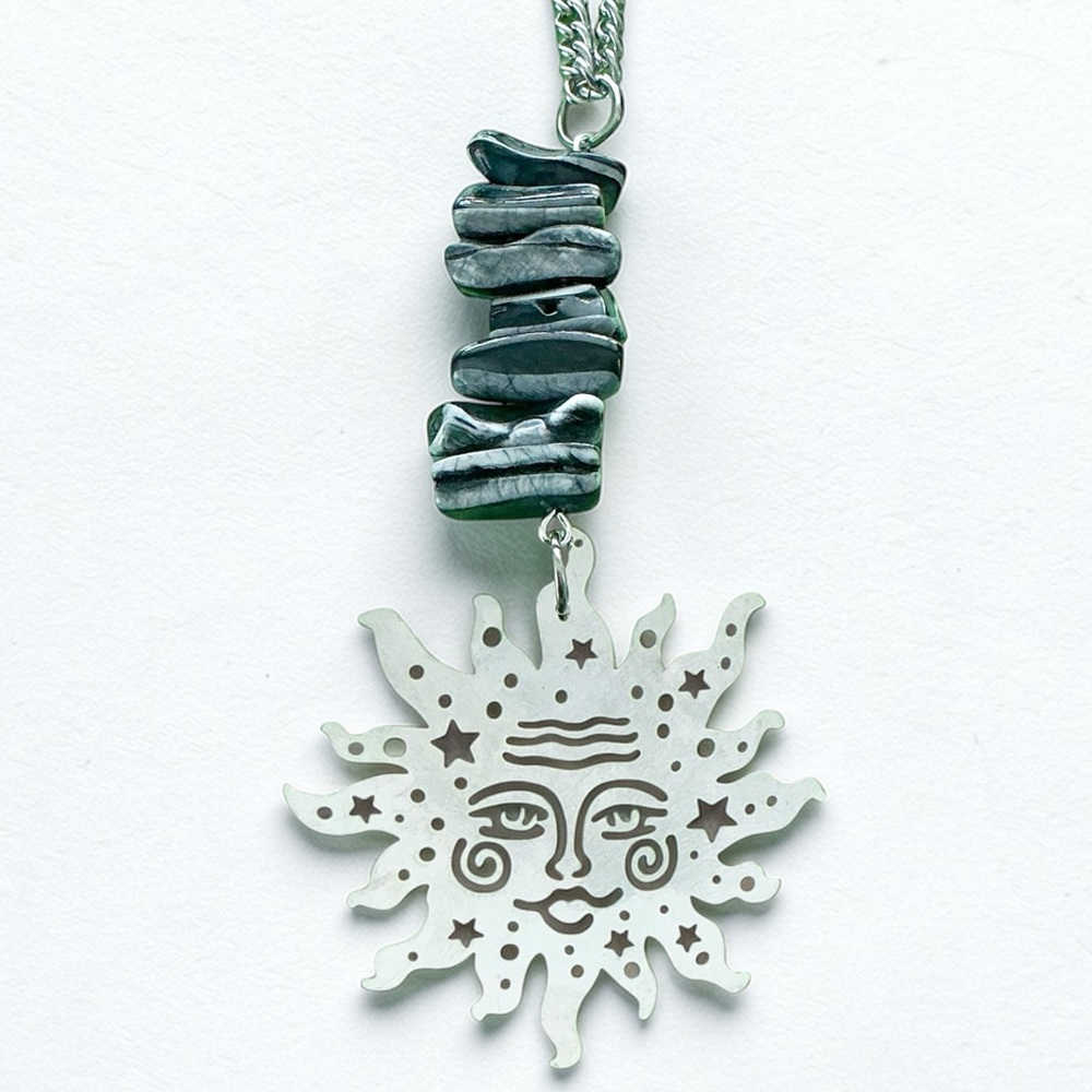 🆕 Sun and Large Black Obsidian Gemstones Pendant Necklace- Stainless Steel
